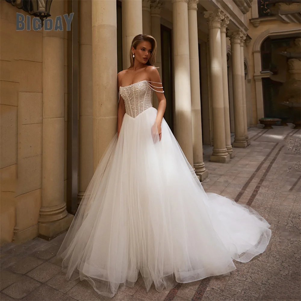 

BIGDAY Beading A-Line Tulle Wedding Dress Pleat Boat-Neck Open Back Pearls Sleeveless Bridal Gown Vestido De Noiva Customized