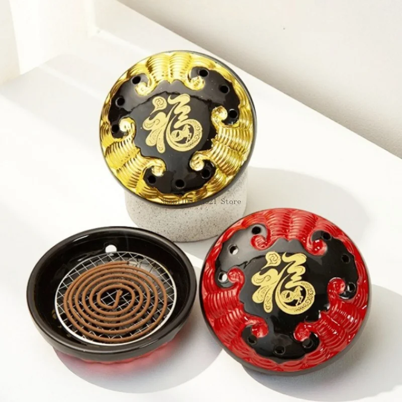 Blessing Ceramics Carving Gilding Incense Coil Incense Burner Household Inside Office Temple Worship Meditation Tea Ceremony