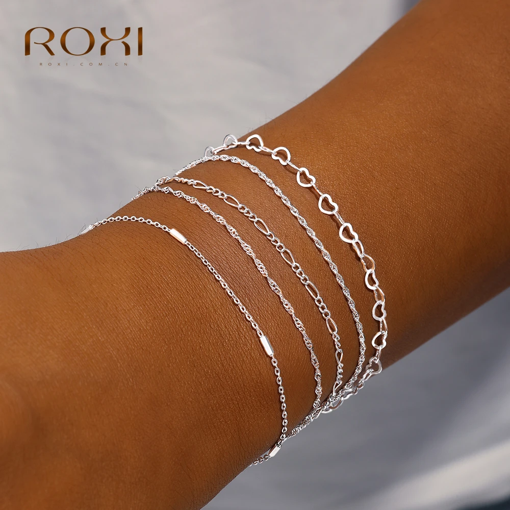 ROXI 925 Sterling Silver Summer New Design Heart/Wave Bracelet For Women 17+3cm Bangle Pulseras Plata Party Vacation Jewelry