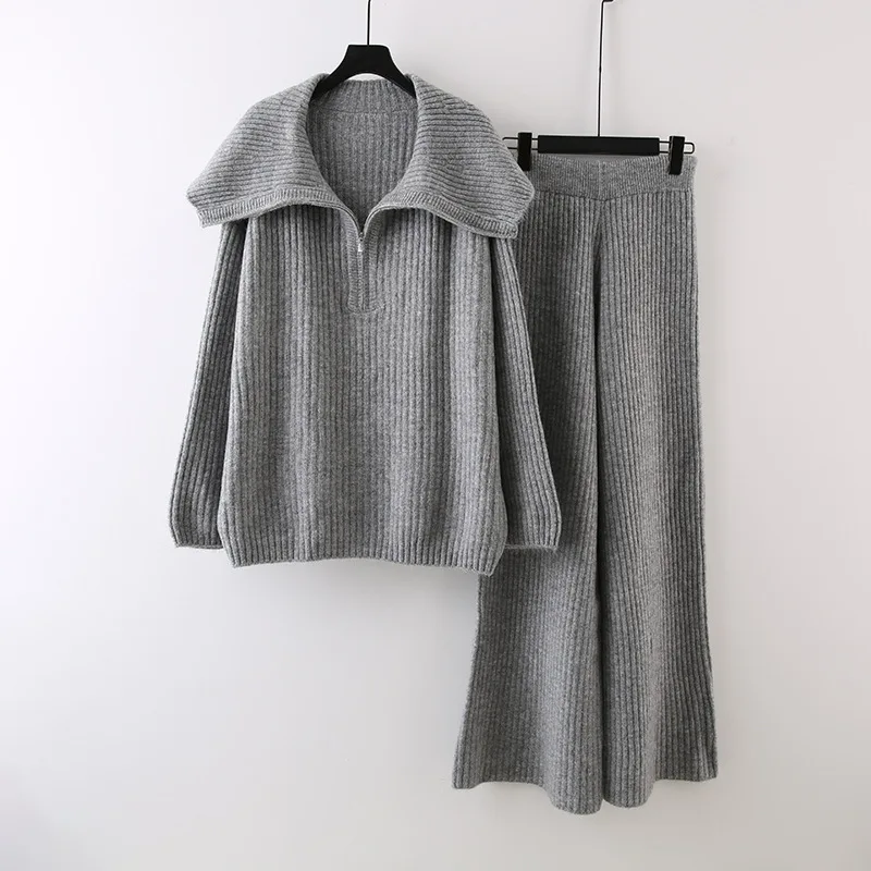 

SuperAen модный повседневный вязаный кардиган в корейском стиле с отложным воротником, длинные широкие брюки, осень 2024, новые комплекты из двух предметов