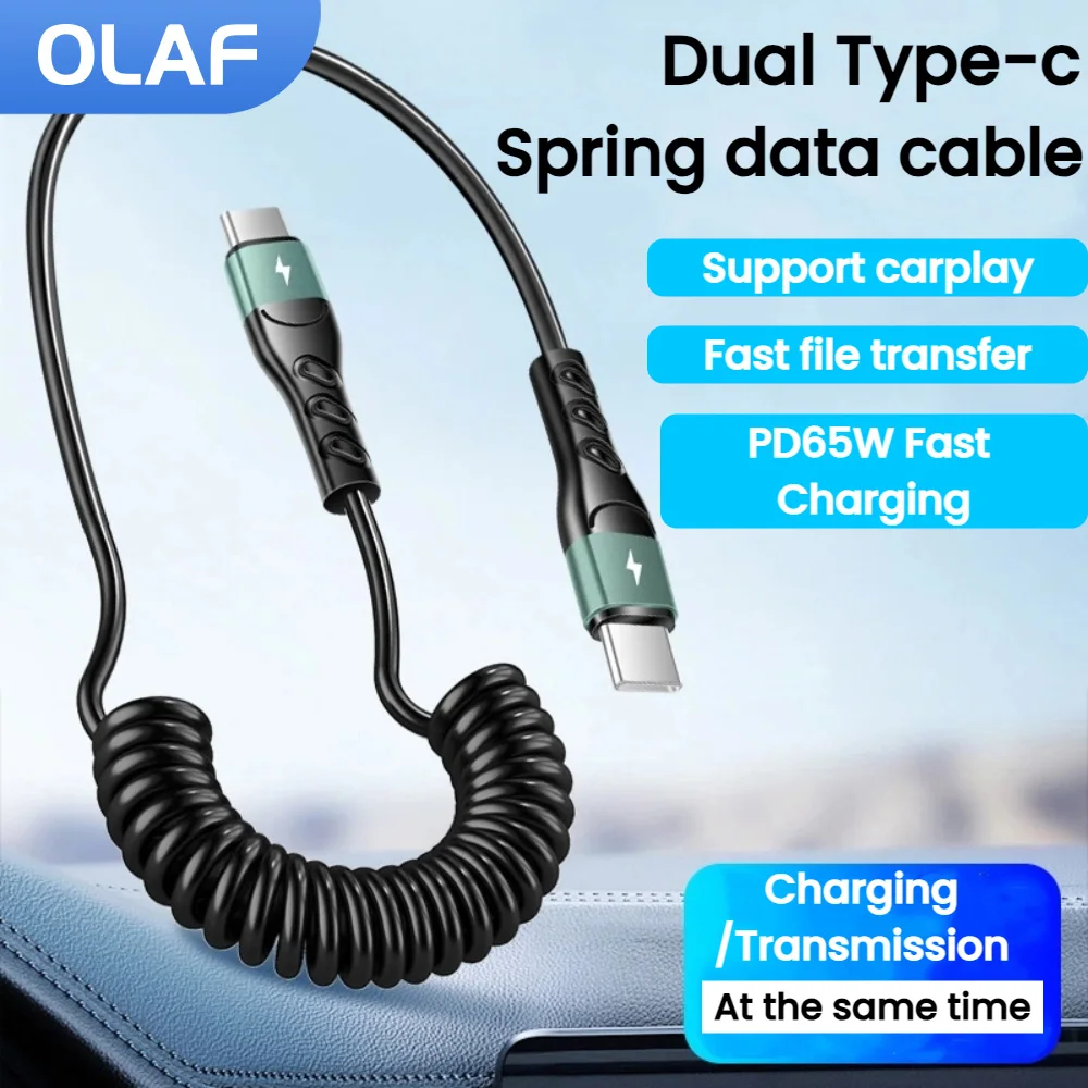 

65 Вт Автомобильный пружинный кабель USB типа C к типу C Кабель для быстрой зарядки для iphone 15 16 Samsung Xiaomi USB C Carplay Кабель Шнур