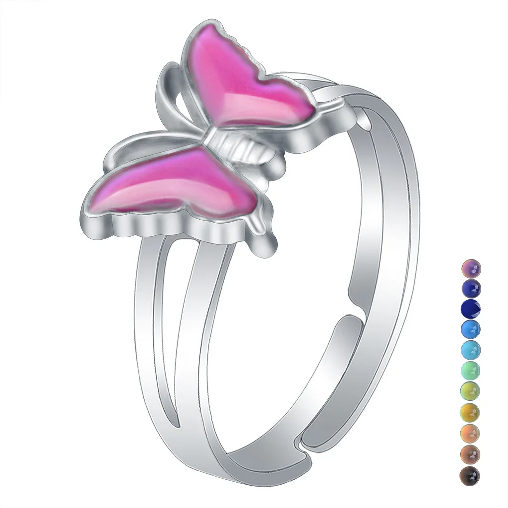 

Vintage Butterfly Glitter Powder Adjustable Size Mood Ring Unique Temperature Control Color Animal Rings Fashion Female Jewelry