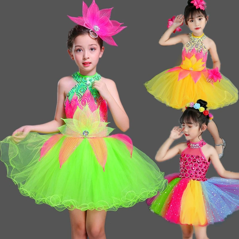 Girls newcostume Children\'s pompadour dress Princess sequin yarn kindergarten dress chorus dress girls dance performance costume