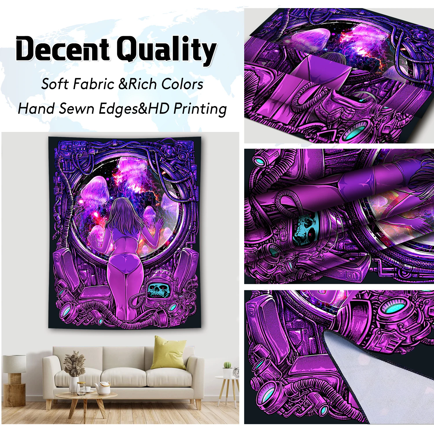 Canvas Purple Girl Looking At Jellyfish with Skulls UV Reactive Galaxy Space Tapestries Ideal for Wall Hanging in Bedroom Décor