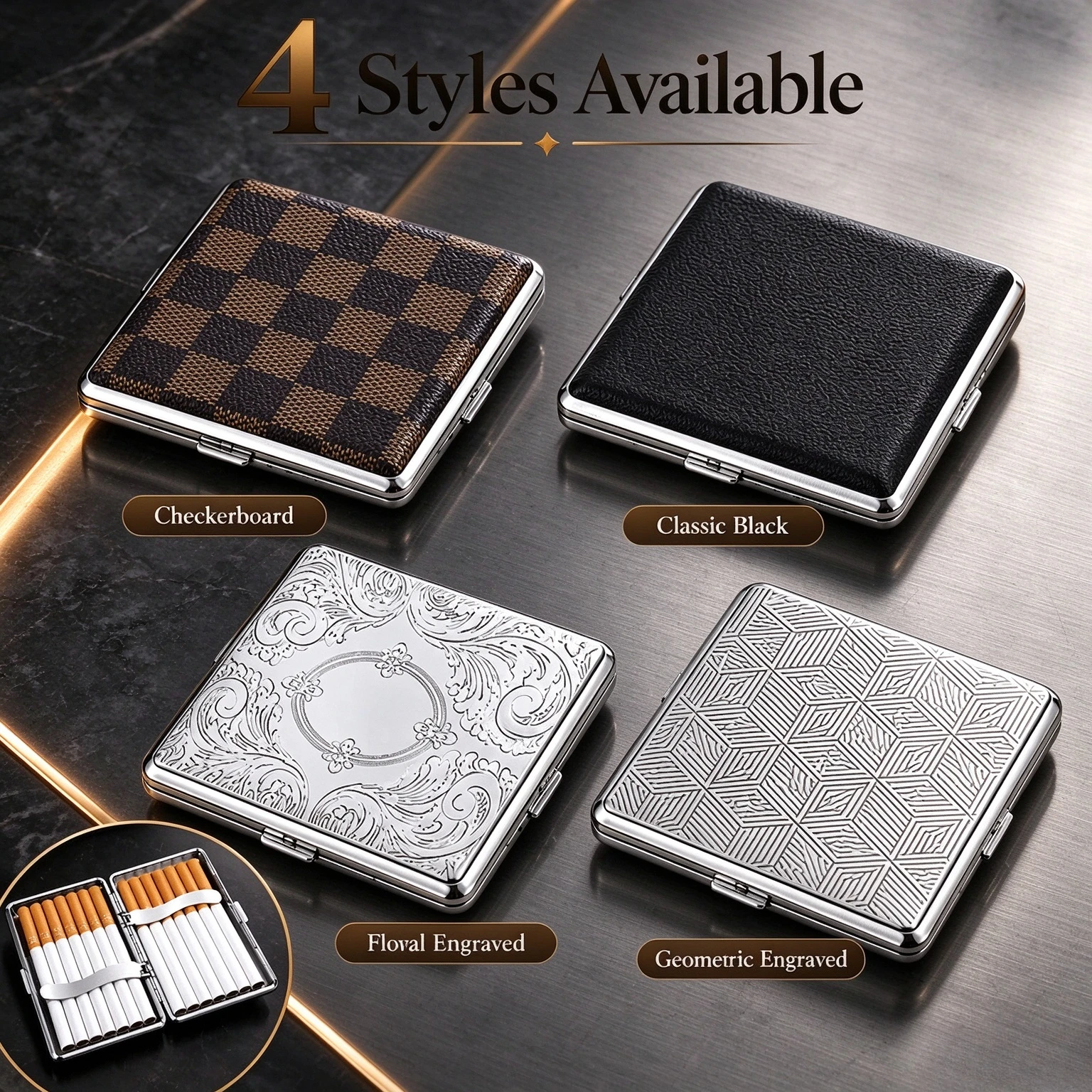 Men's light luxury artificial leather cigarette case, portable metal cigarette holder, thin flip case.