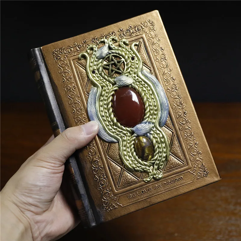 Retro Magic Notebook 3D Relief Sculpture Flying Horse Pentagram Inlaid With Natural Crystal Stone Thickened Multi Page Notebook