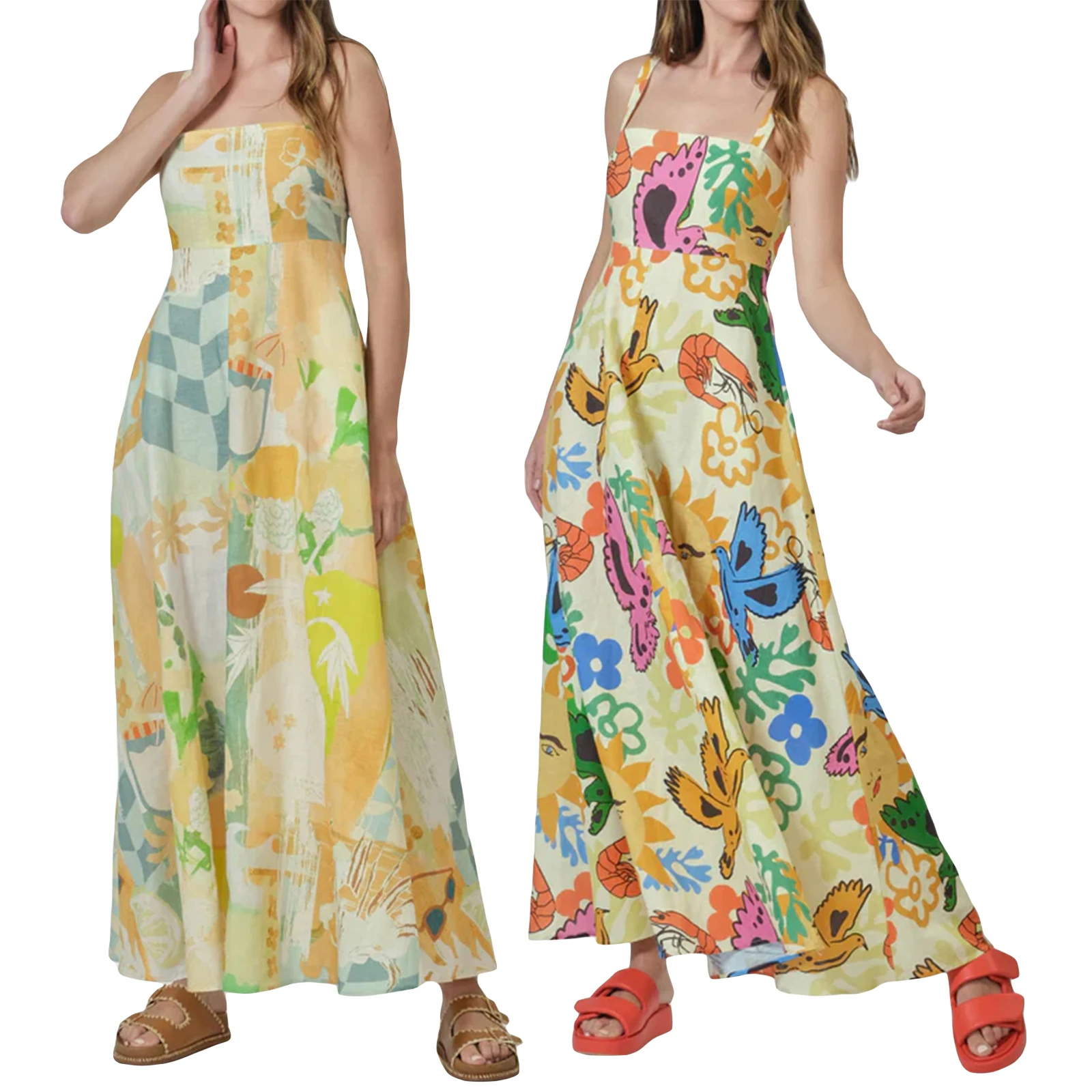 Robe longue à bretelles spaghetti pour femmes, style bohème, col carré, imprimé floral, décontracté, fluide, plage, soirée, maxi, été