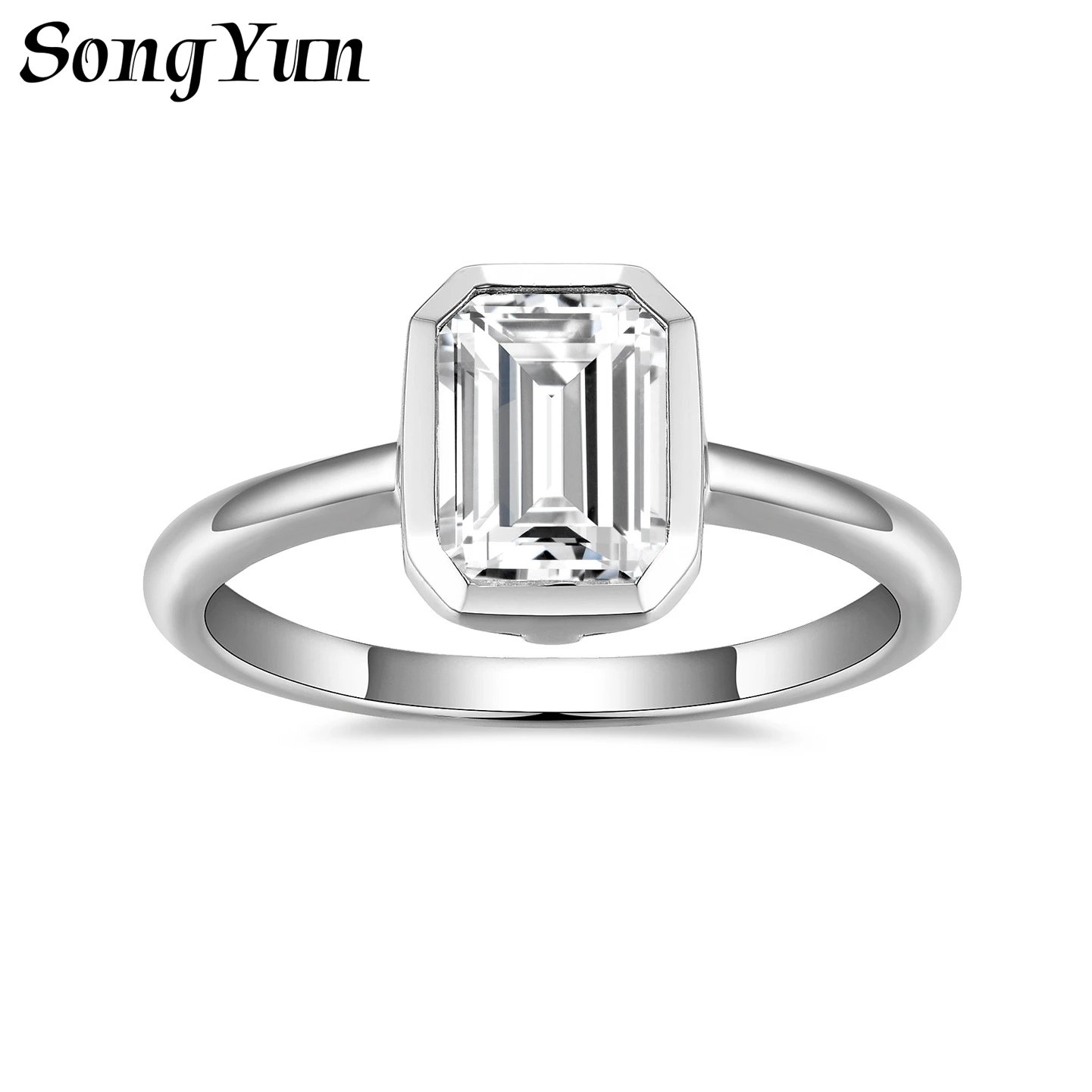 SONGYUN Moissanite Diamond Jewelry 6*8mm Emerald Cut Moissanite Bezel Set Rectangle S925 Sterling Silver Plated 18K White Gold