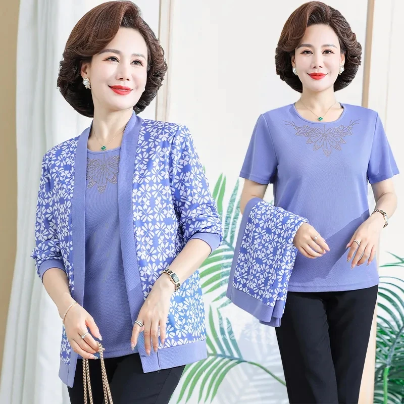 Middle Aged Mother Long Sleeve Cardigan Shirts 2PCS Spring Autumn Fashion Women Knitted T-shirt Tops And Pants Suits Female 3PCS