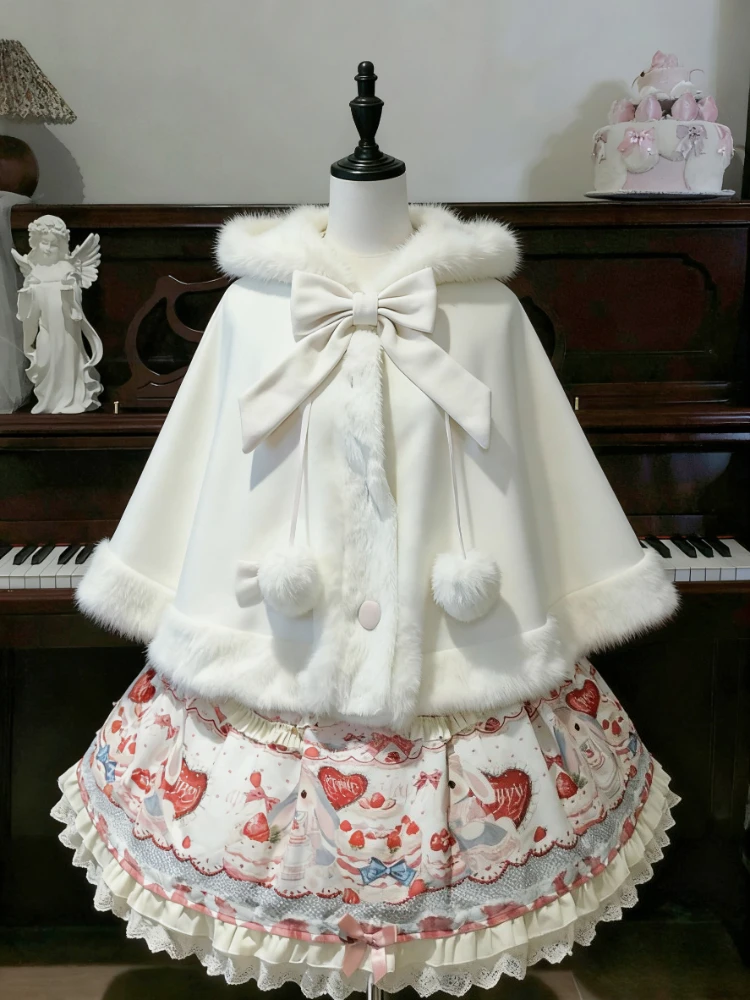 

2026 зимняя накидка в стиле Лолиты из искусственного меха, пальто, женское дизайнерское пальто с бантом и капюшоном в стиле пэчворк, кавайный плащ, женское теплое милое рождественское пальто