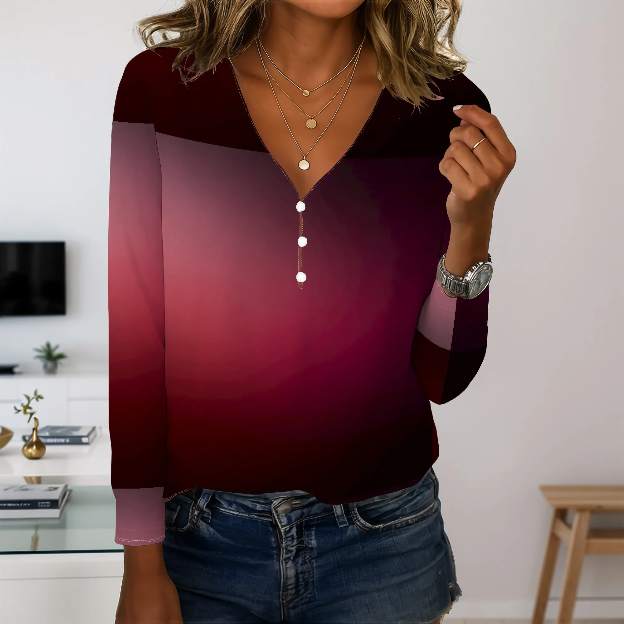 Camicie con scollo a V a maniche lunghe da donna Pullover con bottoni alla moda in colore sfumato Top Camicette floreali comode casual autunno inverno