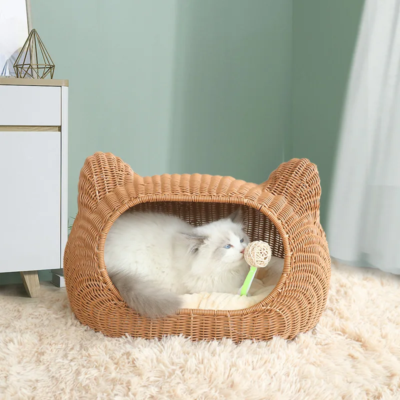 Four Seasons Universal Rattan Cat House Cute Ear Shape Breathable Pet Nest Warm Cushion Detachable Washable Cat Cave