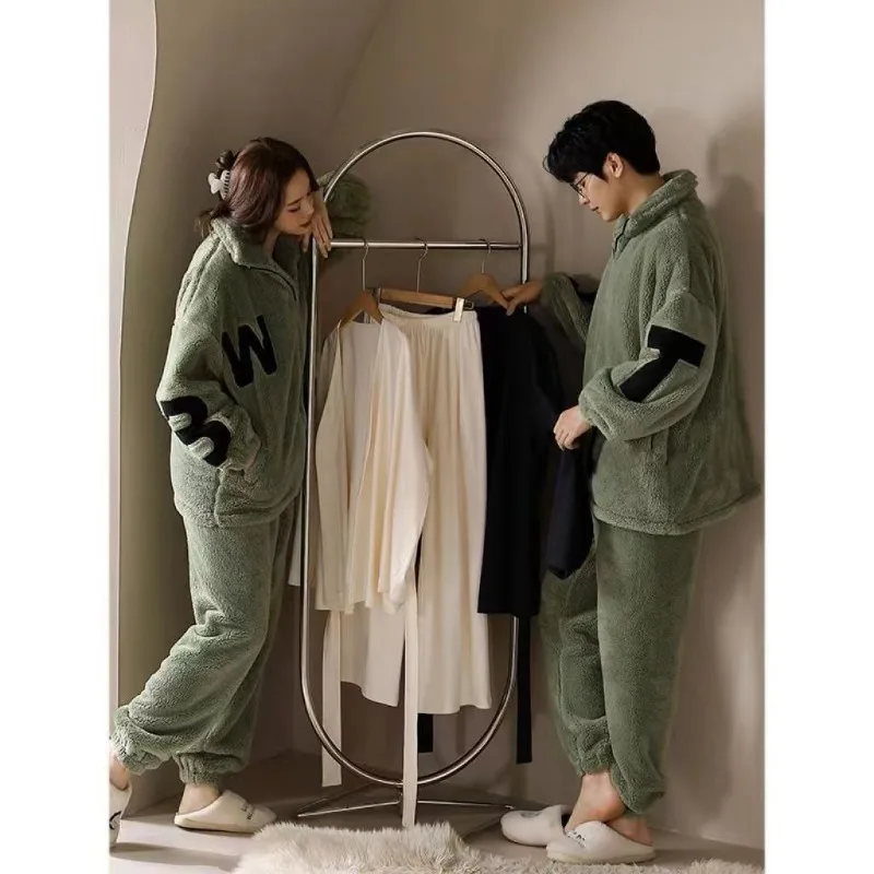 Letter Couple Pajamas for Men Fleece Winter Sleepwear Korean Sleeping Night Wear Pijama 2 Pcs Pants Sets Warm Zipper Home Suit