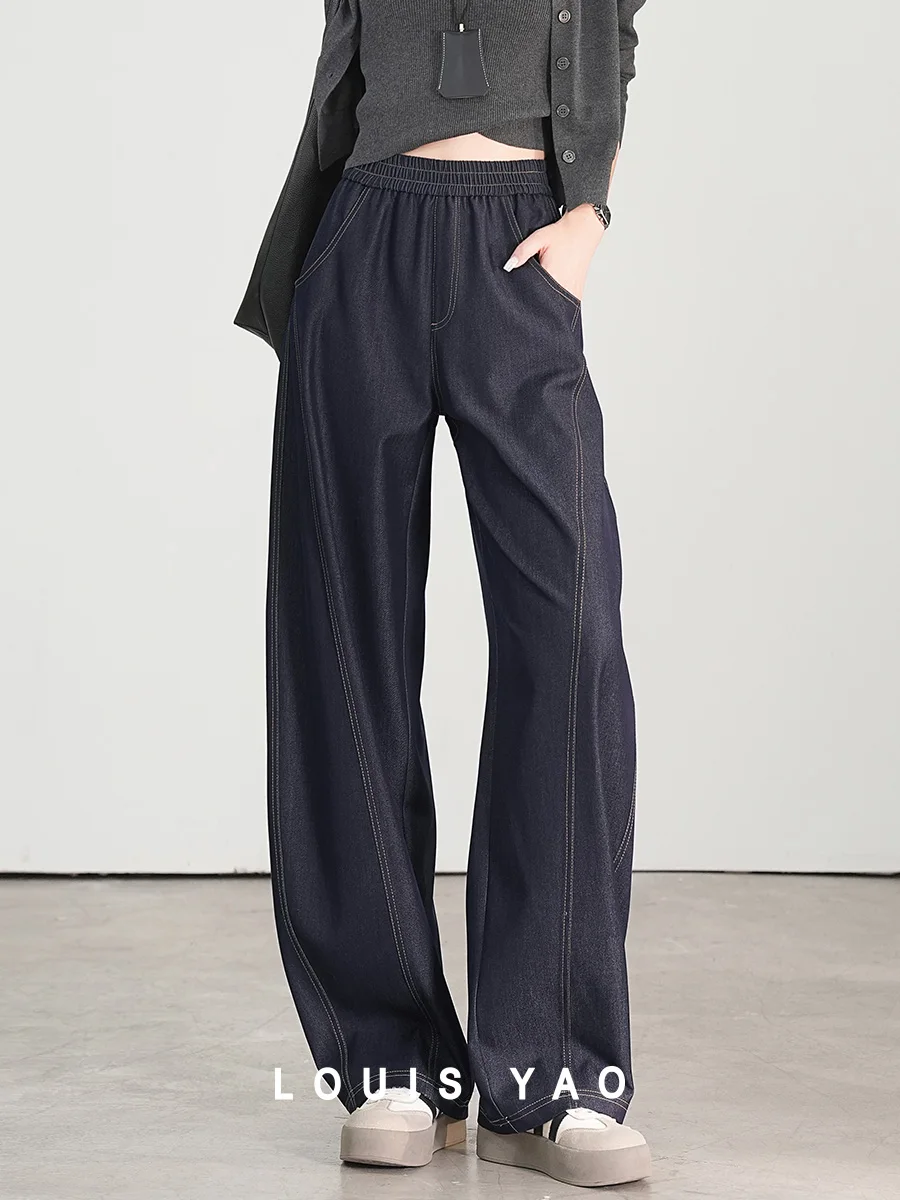 LOUIS YAO Women's Jeans 2025 Spring Contrasting Lines Pants Curved Design Elastic Waistband Pants Long Length Women's Pants