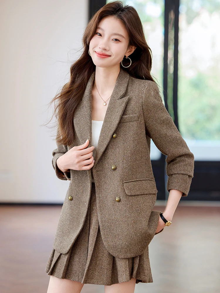 Caramel Woolen Suit Jacket Women's Loose plus Size Autumn Winter New Style Casual Trousers Set Office Commute Style Polyester