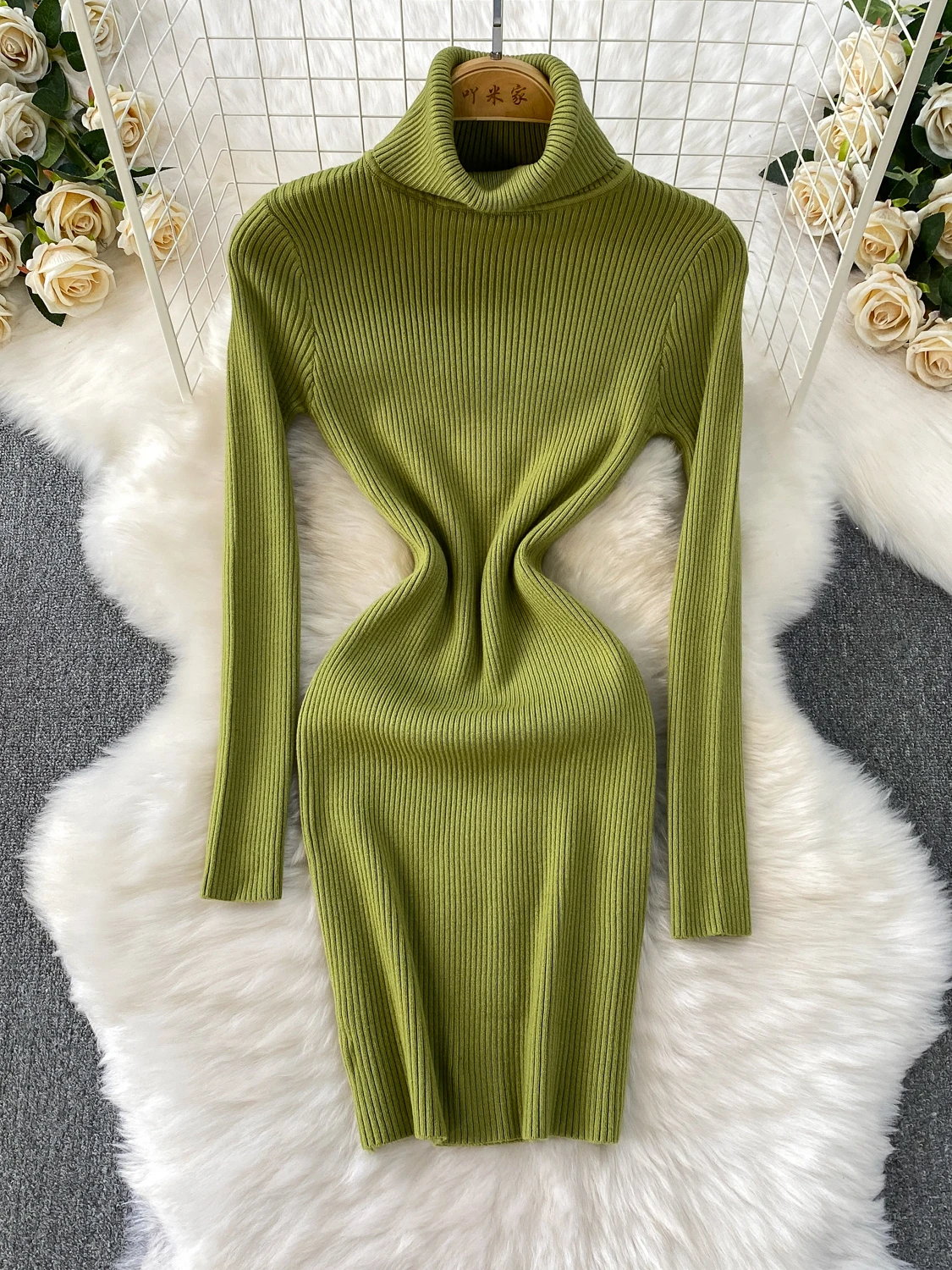 Ele High Ne Long Sve Gestrickte Dr Schlankheits-Basisschicht Herbst Winter Wickelrock Bequeme dehnbare figurbetonte...