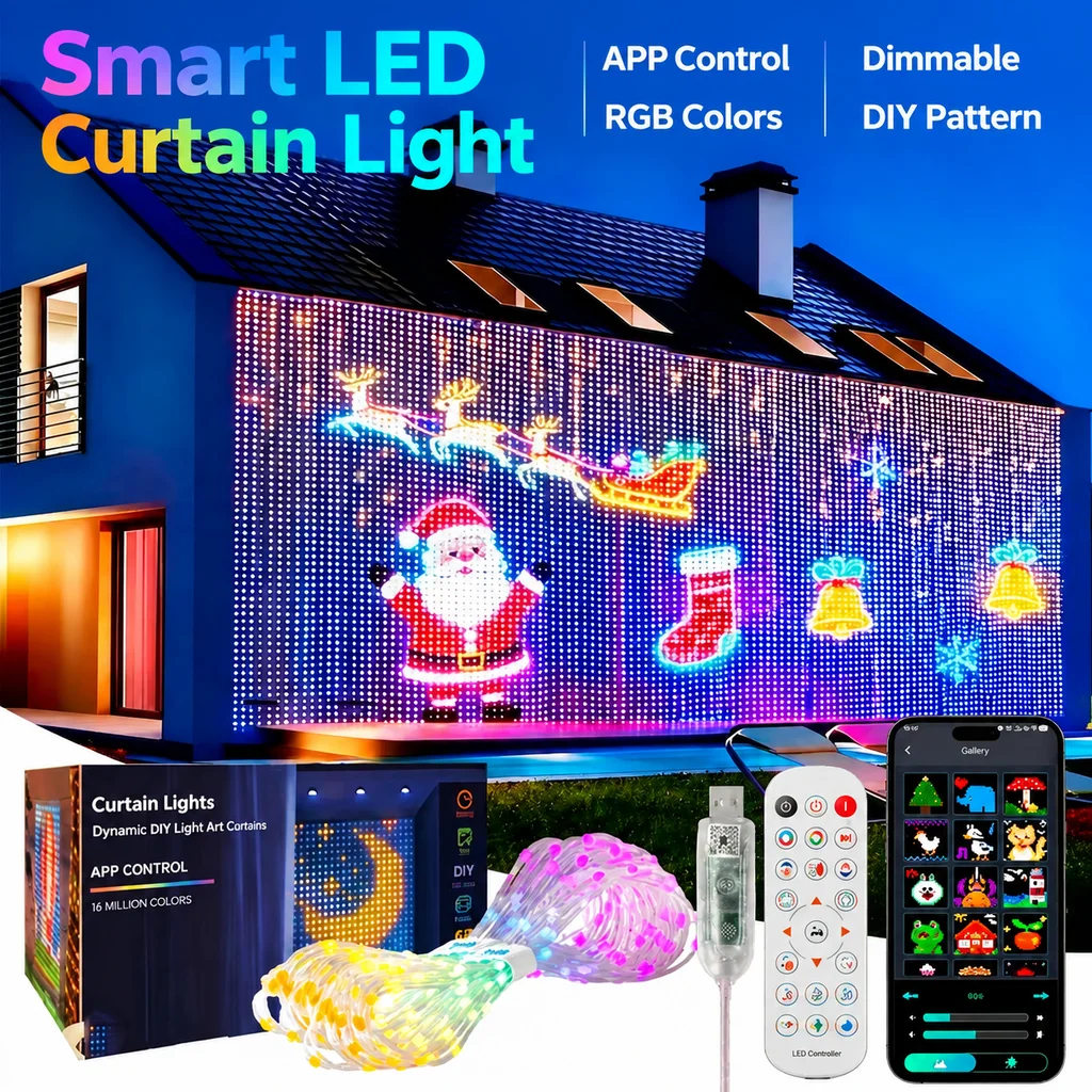 Smart LED Curtain Light APP Control RGB Dimmable DIY Pattern Music Ambient Lighting for Home Holiday Party Christmas Decoration