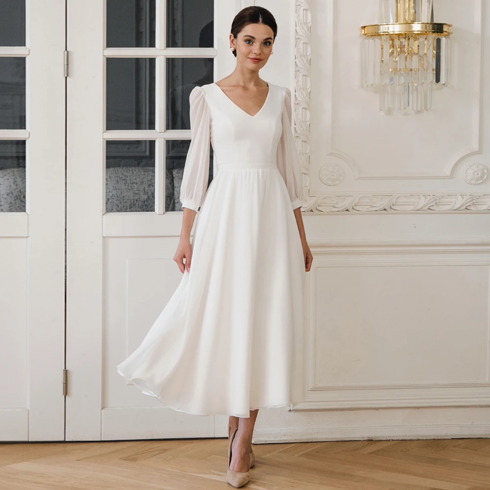 Customized High Quality Wedding Dress Women Simple V-Neck Three Quarter Sleeves A-Line Tea Length Bridal Gowns Vestido De Noia