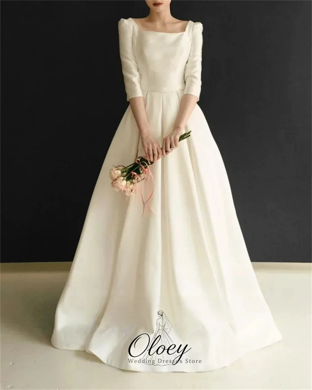 OLOEY Elegant Square Neck Three‑Quarter Sleeve Korea Wedding Dress Photo Shoot A-Line Customized Bridal Gown Engagement Dress