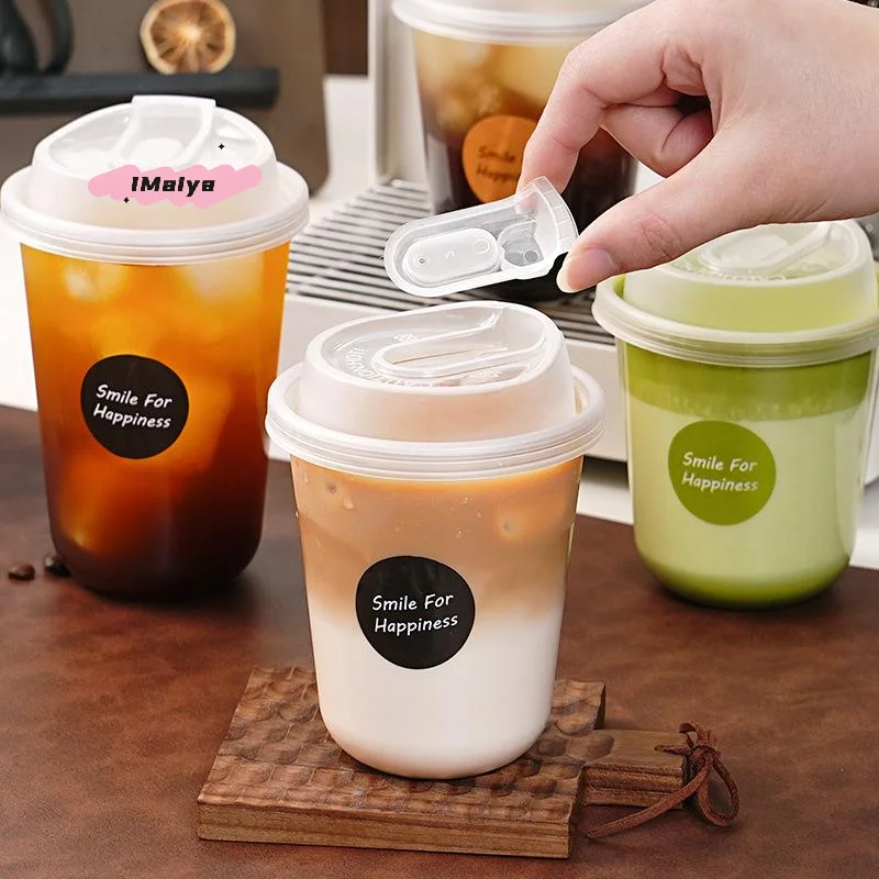 M-10pcs Disposable Transparent Coffee Cups With Lids Thick U-shaped Cups For Hot Drink Milk Tea Takeaway Beverage Cups
