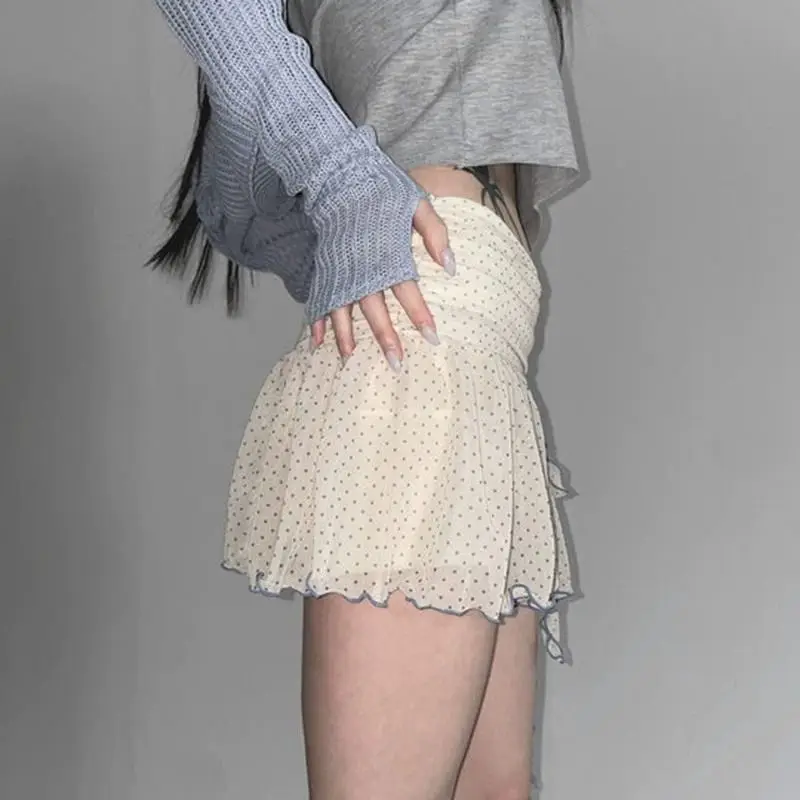 Cute Pleated Skirt Girl Wind Dot Mesh Tulle Foliage Thin A-line Skirt Retro Sweet Streamer Design Versatile Summer Mini Skirt