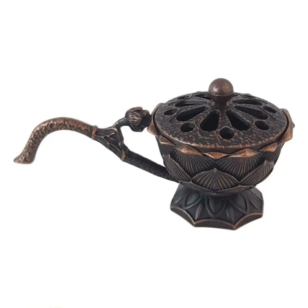 Retro Small Lotus Hand Stove with Cover Hollow Out Sandalwood Incense Burner Yoga Studio Classic Decoration