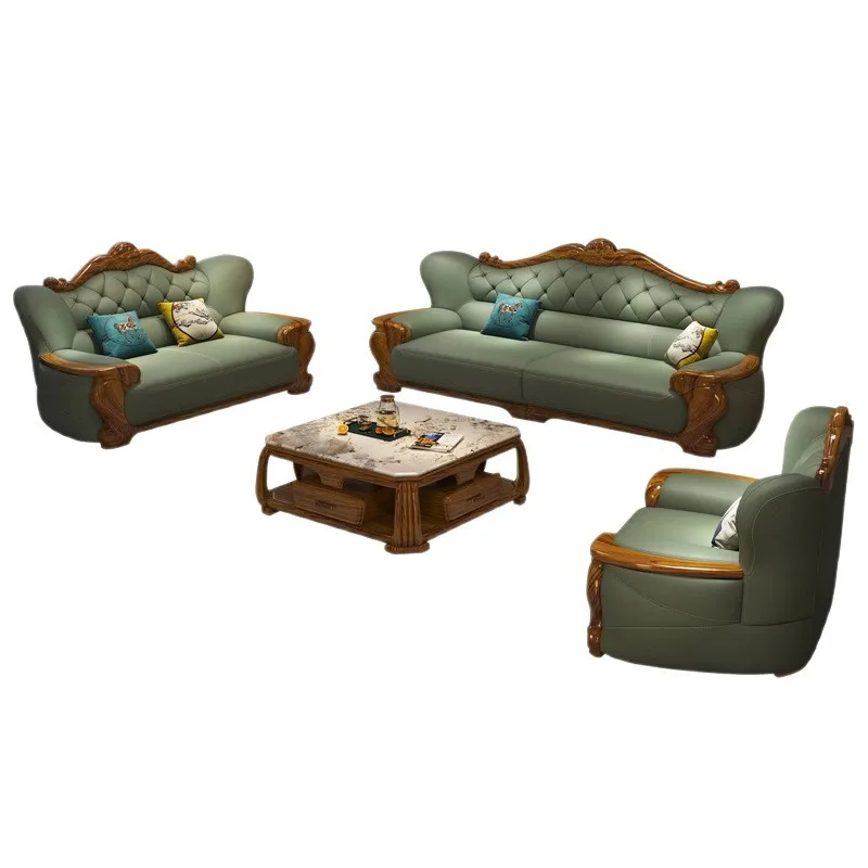 

New Chinese style, sofa large flat top layer cowhide 124 living room U combination, solid wood furniture
