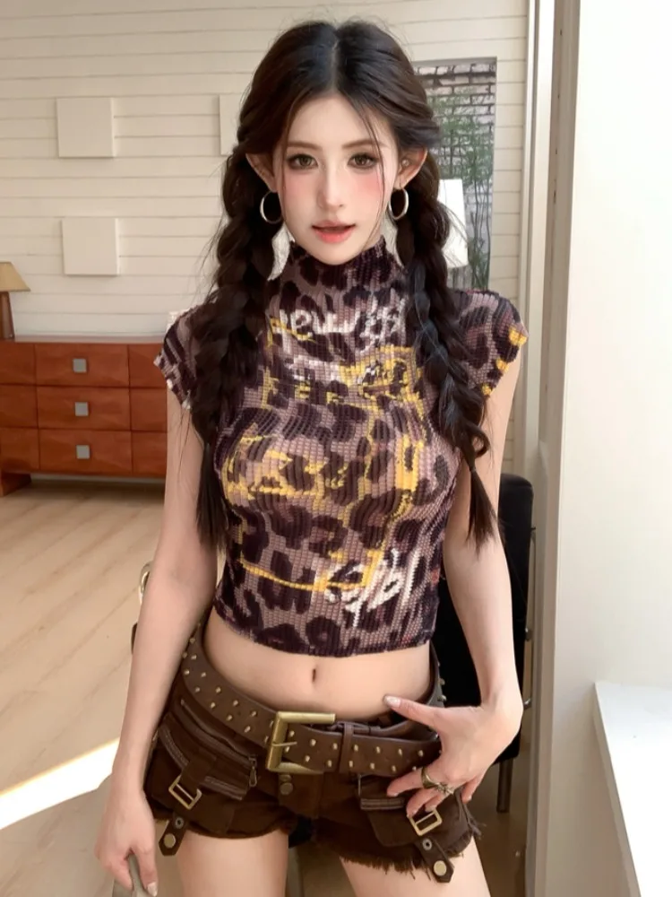 

Retro American Half High Collar Leopard Print Short Sleeve T-Shirt Women's Summer Waist Cinching Slimming Sexy Short Style Top