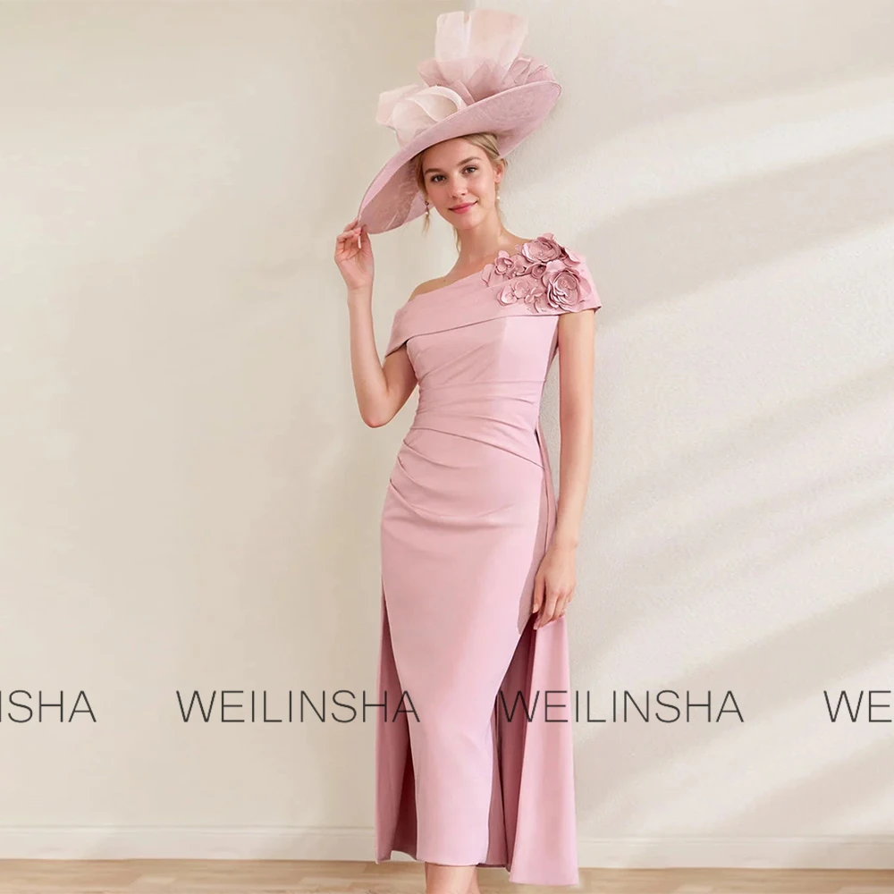 Customized Elegant Mother of the Bride Dresses Flower Sheath Cocktail Party Brown Off-the-shoulder Applique Cloak Prom Gown Midi