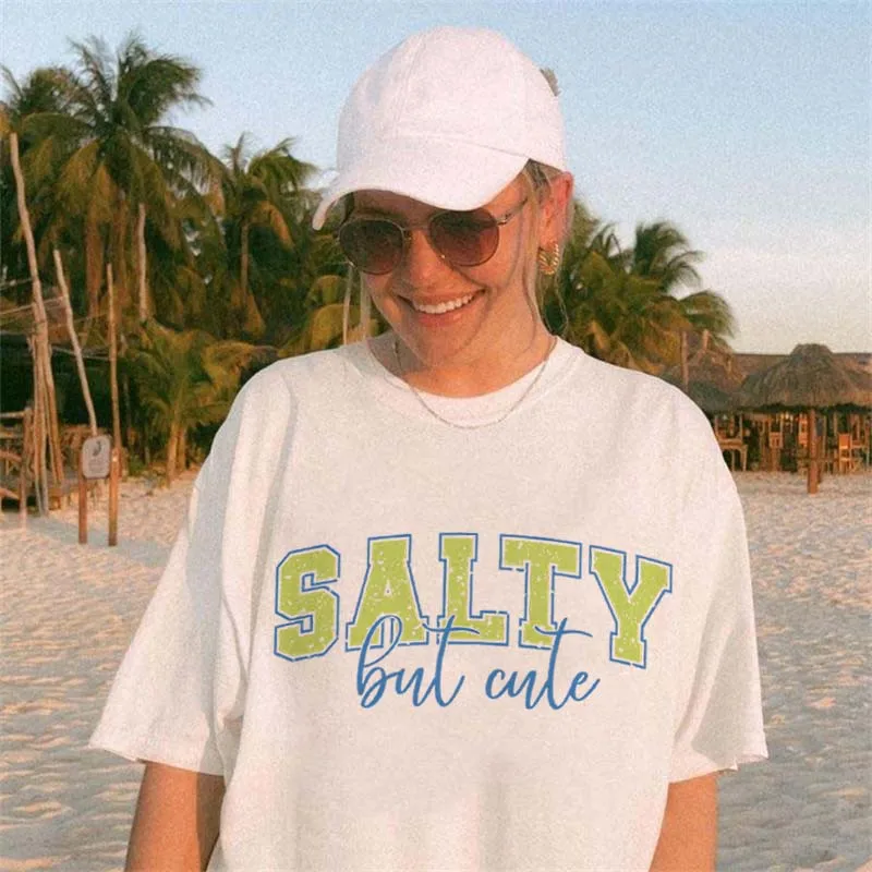 Oui نمط مطبوعة عطلة نمط المرأة الشاطئ تي شيرت قصير الأكمام المرأة بسيطة عادية الصيف موضة الأساسية تي شيرت كامل