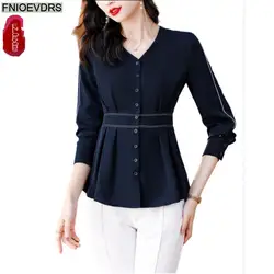 M-4XL 2023 Women European Style Ruffle Belly Black Tunic Peplum Top Blouses Office Lady Solid V Neck Basic Shirts