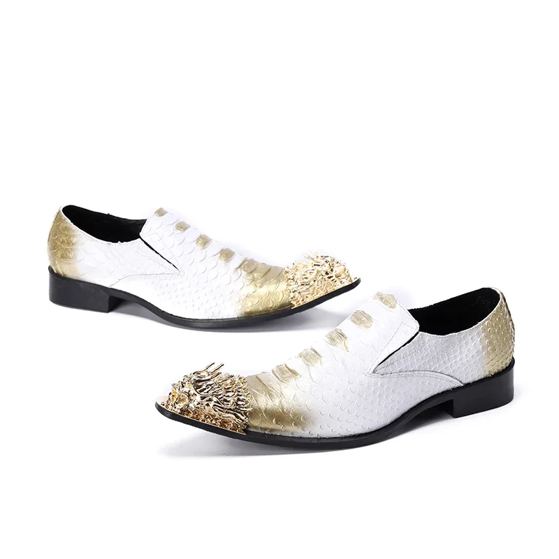 

Designer Gold Metal Pointed Toe Men Dress Shoes Fashion Business Formal Shoes Large Size Party Prom Male Genuine Leather Shoes