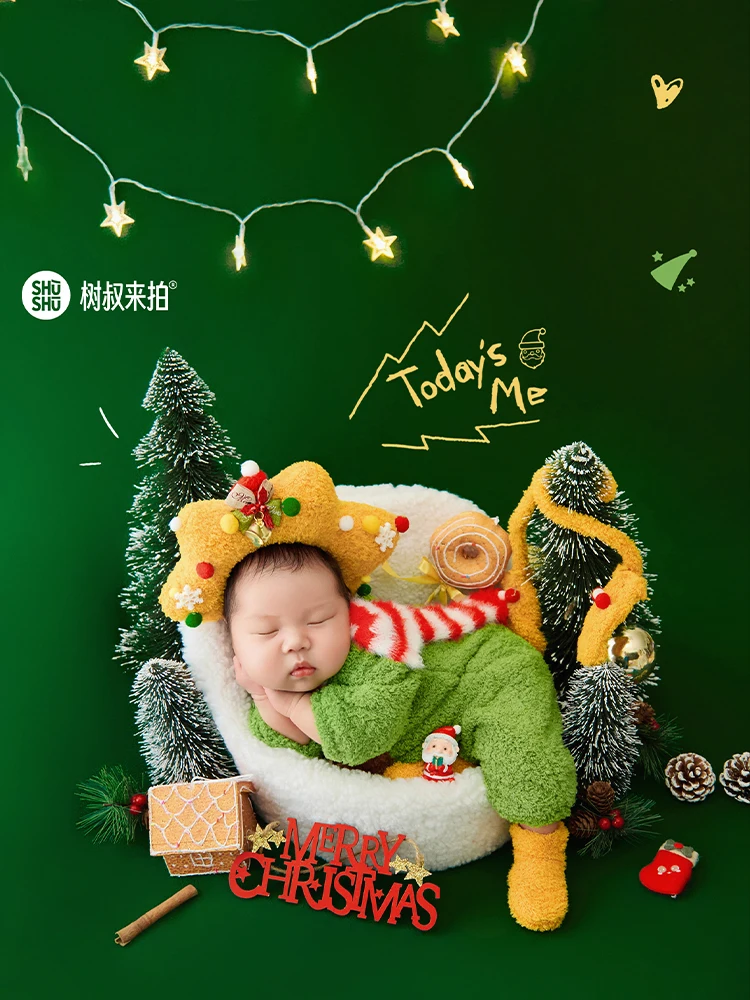 新生児クリスマス写真撮影衣装かわいいクリスマスヘッドバンド + ジャンプスーツ + 手袋 + スカーフ + 靴下ベビーコスチュームキットスタジオベビー撮影小道具