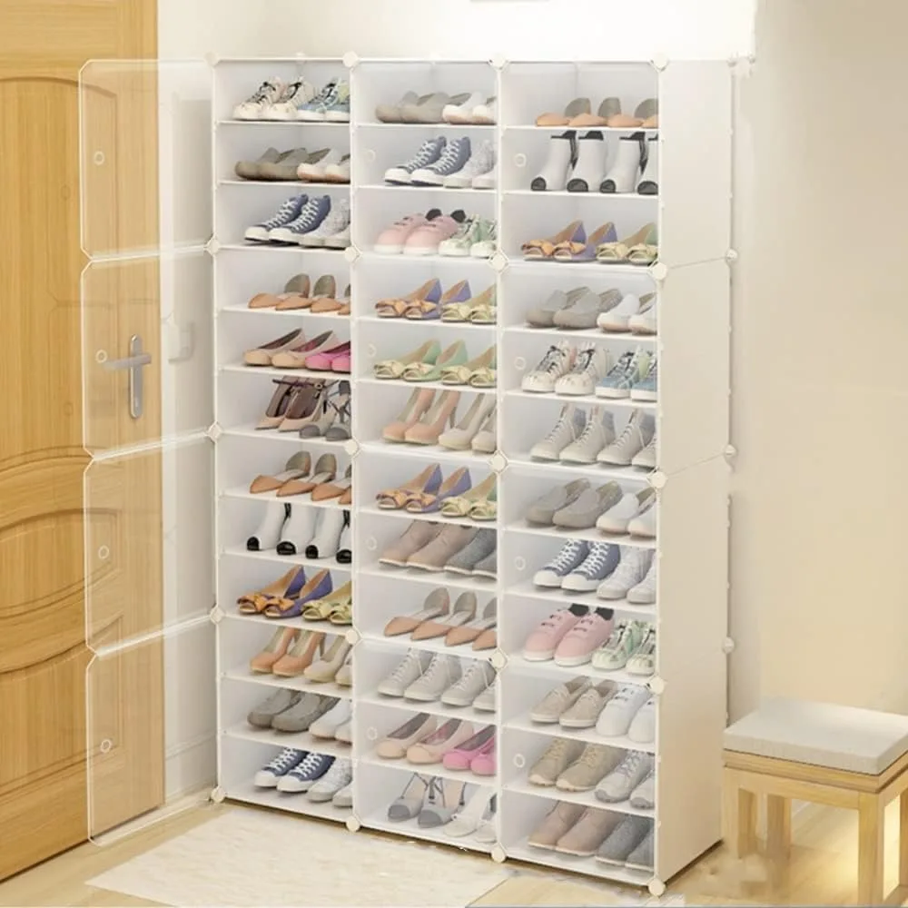 

12-Tier Plastic Shoe Rack, 72 Pair Shoe Storage Cabinet with Door, Stackable Shoe Shelves for Closet Hallway Bedroom Entryway