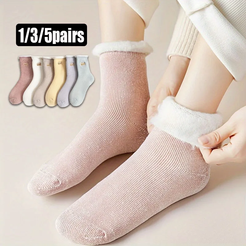 1/3/5 Pairs Women's Winter Thermal Crew Socks Thick Warm Plush Fleece Lined Soft Cozy Solid Color Sock Comfortable Casual Sox