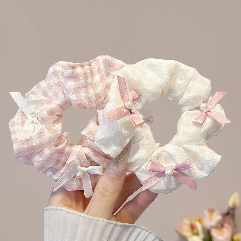 Sweet Fabric Pink Gingham Hair Ring Bowknot Large Intestine Hair Ring for Women's Tying Hair Elastic Band Fashion Hair Accessory