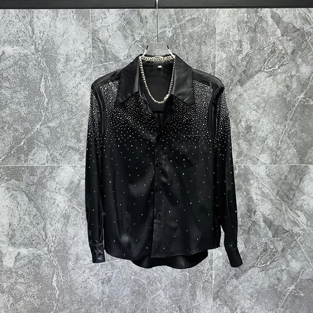 2026 Spring New Male Rhinestone-Applied Long-Sleeve Shirt American Retro Fashion Trendy High Street Casual Loose Niche Men's Top