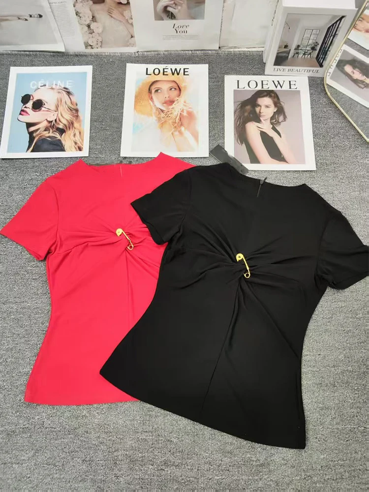 

Retro summer women's new solid color round neck short sleeve pin plain knit T-shirt fashion Joker pleated blouse