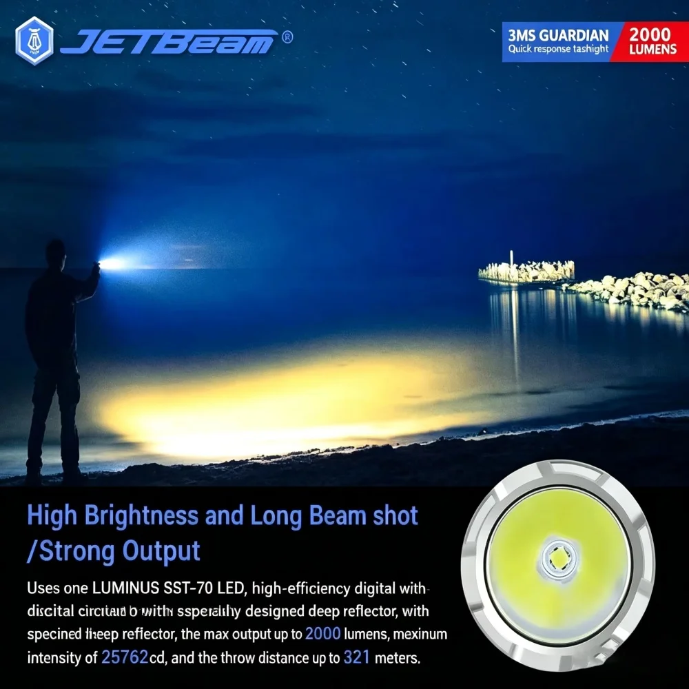 Jetbeam 3MS Guardian EDC Tactical Torch Max 2000 Lumens 321M Beam Distance Type-C Charging IPX8 Waterproof Flashlight