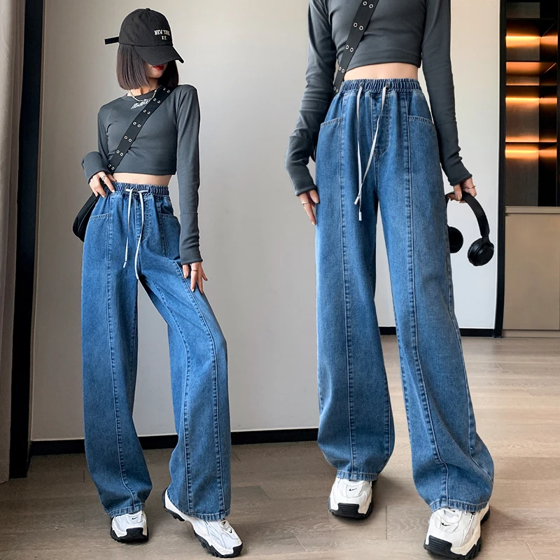 L-6XL حجم كبير الجينز امرأة عالية الخصر ربيع 2025 جديد وصول الأزرق اللون الجينز للنساء واسعة الساق فضفاض السراويل الإناث السراويل #2