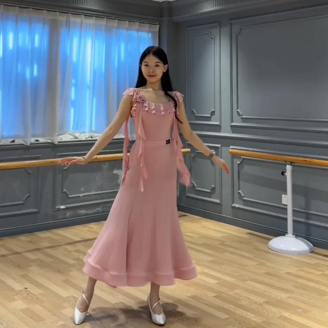 여름 왈츠 볼룸 댄스 복장 여성 댄스 복장 핑크 탑 스커트 연습 의류 공연 연습 복장