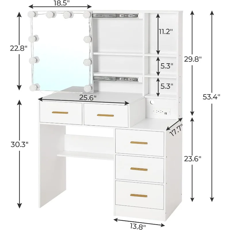 Makeup Vanity with Lights,Vanity Table with Charging Station,Vanity Desk with Sliding Mirror and 10 LED Light Bulbs,Makeup Table