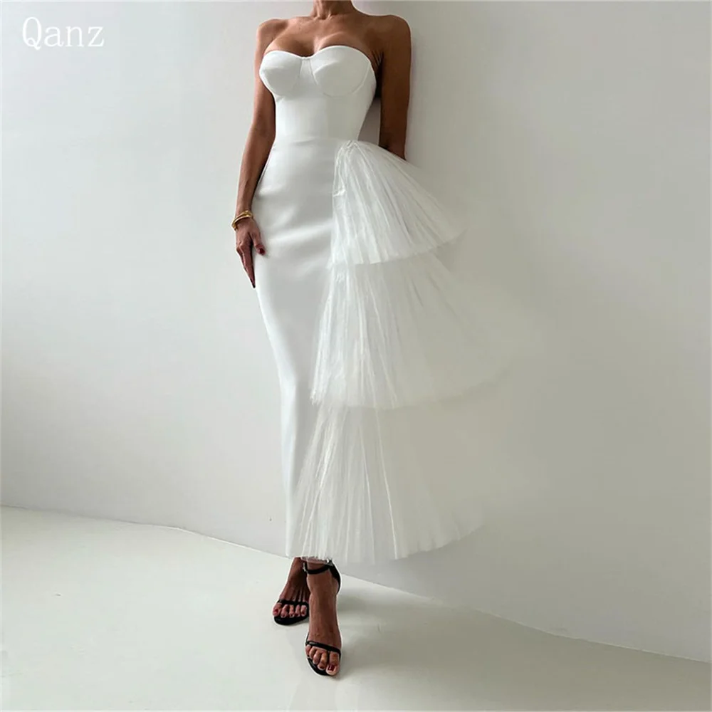 

Qanz Mermaid Prom Dresses Sweetheart Satin Backless White Tulle Ankle Length Vestido Gala длинное платье вечернее Customized