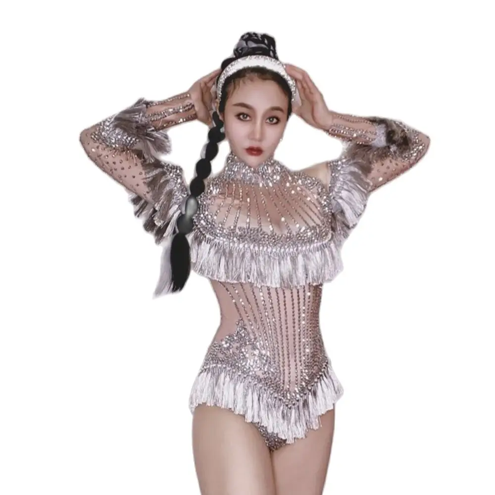 

New Modern Female Song Host DJ Inlaid Nails Rhinestones Tassels Bodysuit Adult Stage Performance Costume Party Celebration