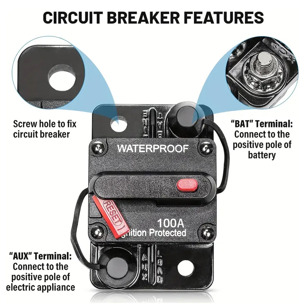 Circuit Breaker 100A 200A  AMP Car Stereo Audio DC 12V - 48V Fuse Inverter Manual Reset Waterproof Protection Marine RV Truck