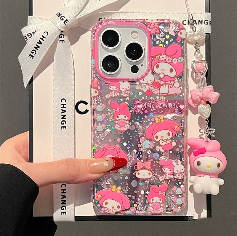 

Luxury Laser Cartoon Cute My Melody Protect Phone Case For iPhone 13 14 15 16 Pro Max Lovely Butterfly Doll Melody Pendant