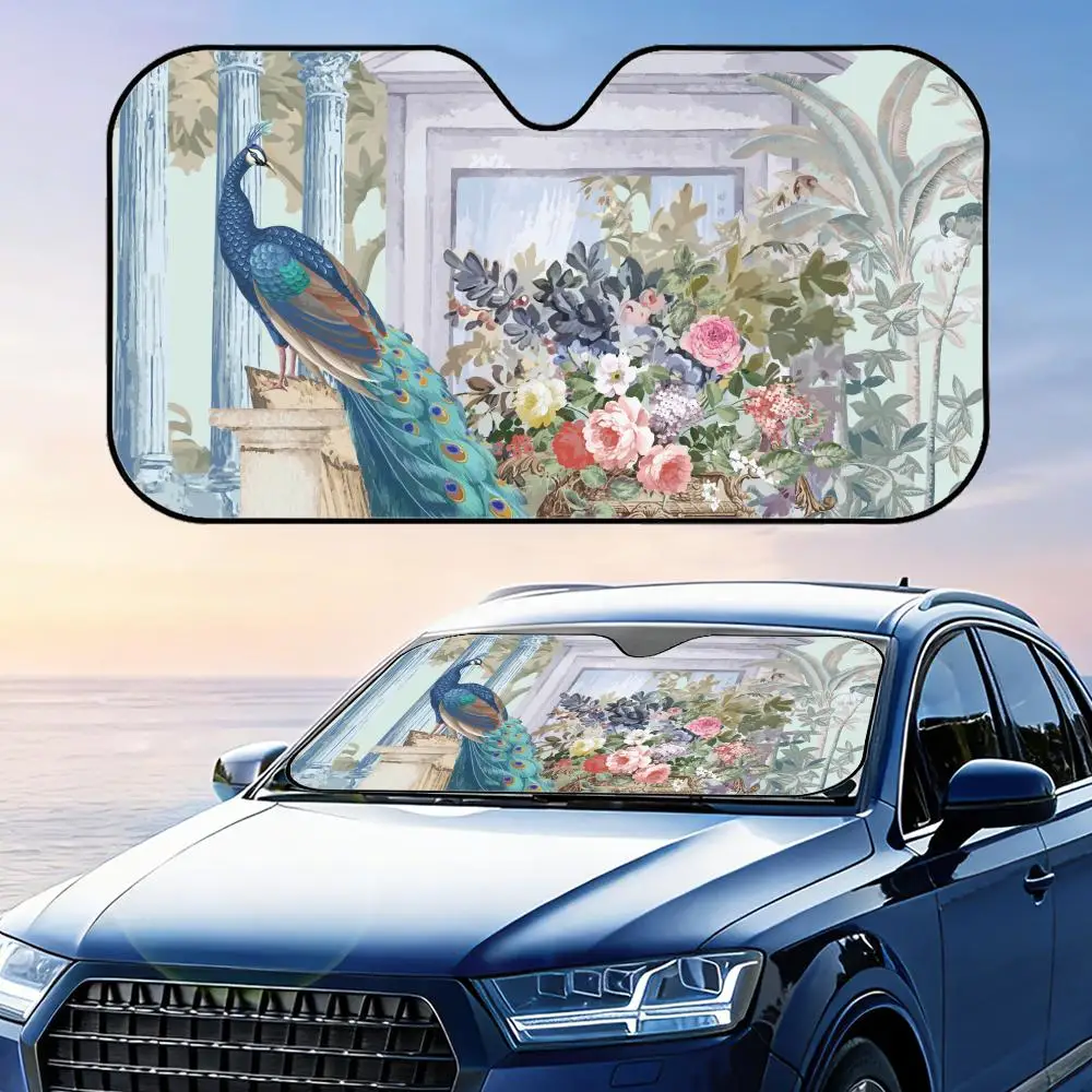 

Mughal Garden with Peacock Sun Visor Reusable Aluminum Foil Windshield UV Protection Heat Insulation Cover Sun Visor Sunshade