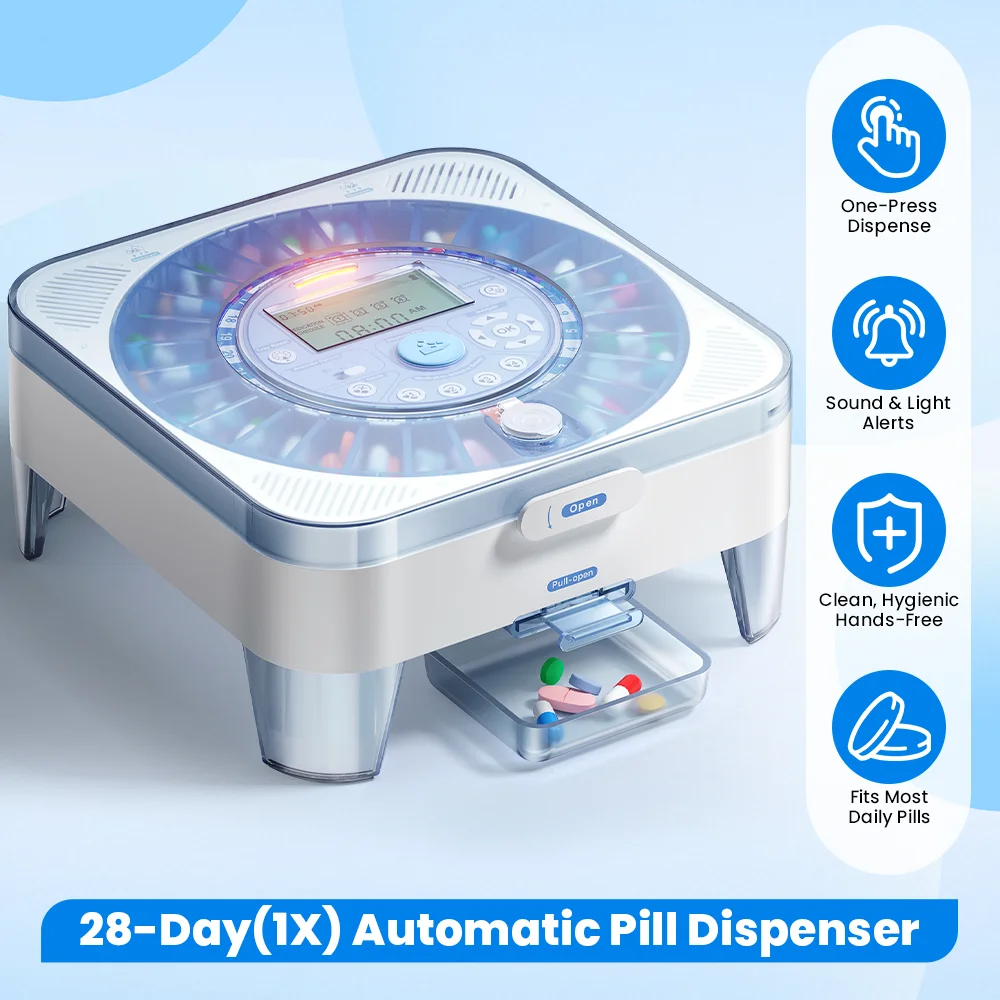 Smart Pill Dispenser 28-Day Auto Dispenser for Elderly Safety One-Press Auto Daily Timed Dispenser Voice Sound & Light Alerts