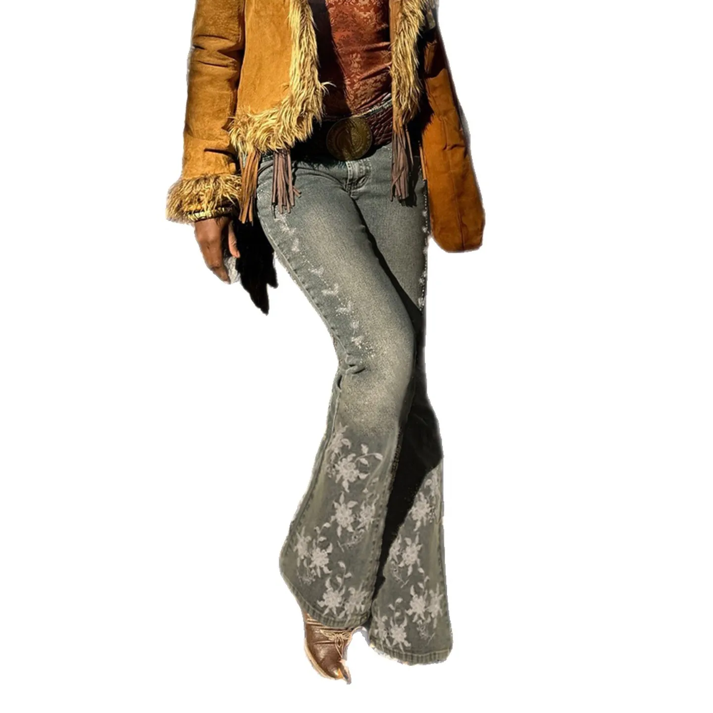 

Винтажные джинсы с вышитым галстуком-бабочкой, повседневные свободные джинсы с талией, джинсовая ткань, сложенный подол, доступны глубокие и светлые цвета