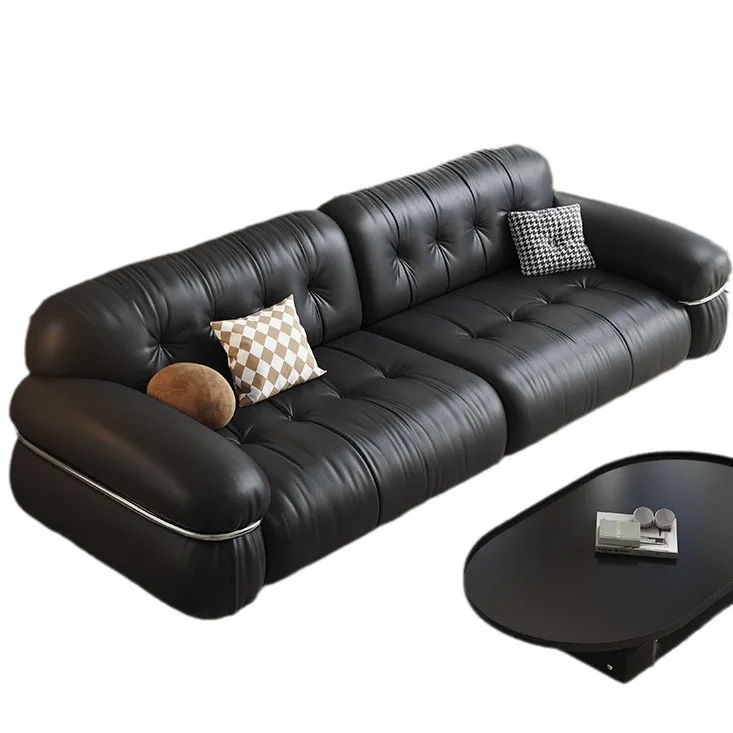

French, retro, brown sugar, sofa, Italian, light luxury, leather, simple, straight row, black, Italian